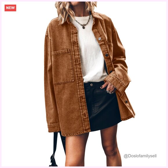 Oversized Denim Jacket Women's Button Up Long Sleeve Casual Coat - Picture 1 of 7